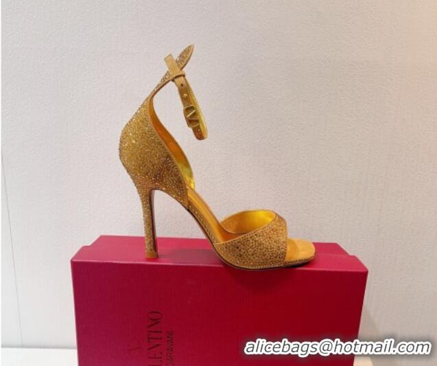 Best Price Valentino Tan-Go Heel Sandal 9.5cm with Crystal in Suede Gold 0323057