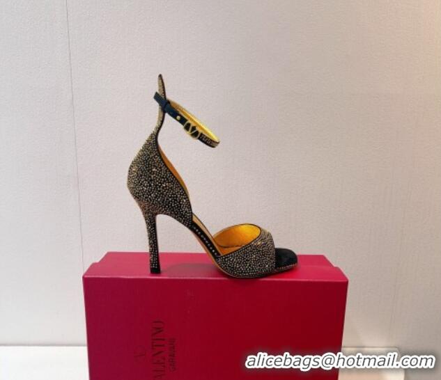 Classic Hot Valentino Tan-Go Heel Sandal 9.5cm with Crystal in Suede Black/Gold 0323058