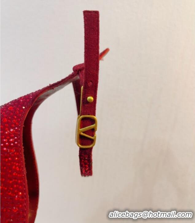 Good Quality Valentino Tan-Go Heel Sandal 9.5cm with Crystal in Suede Dark Red 0323060