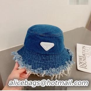 Inexpensive Prada Denim Bucket Hat with Fringe PA0805 Blue 2023