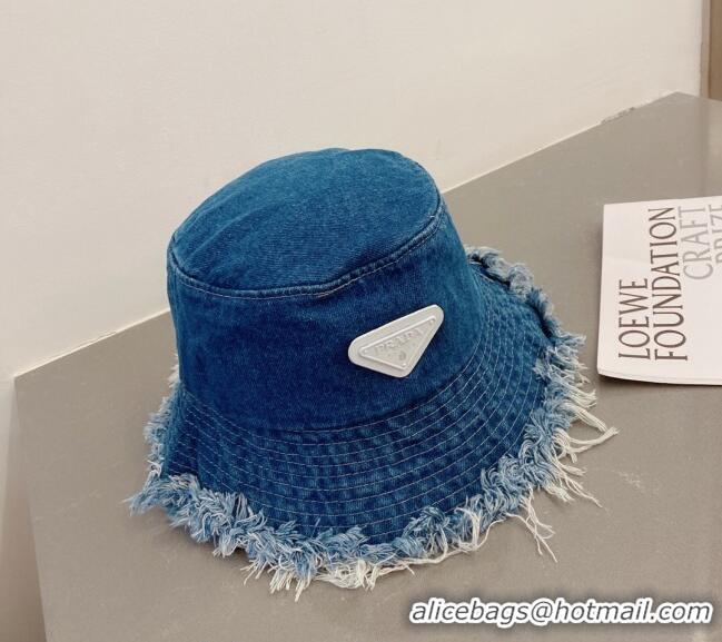 Inexpensive Prada Denim Bucket Hat with Fringe PA0805 Blue 2023