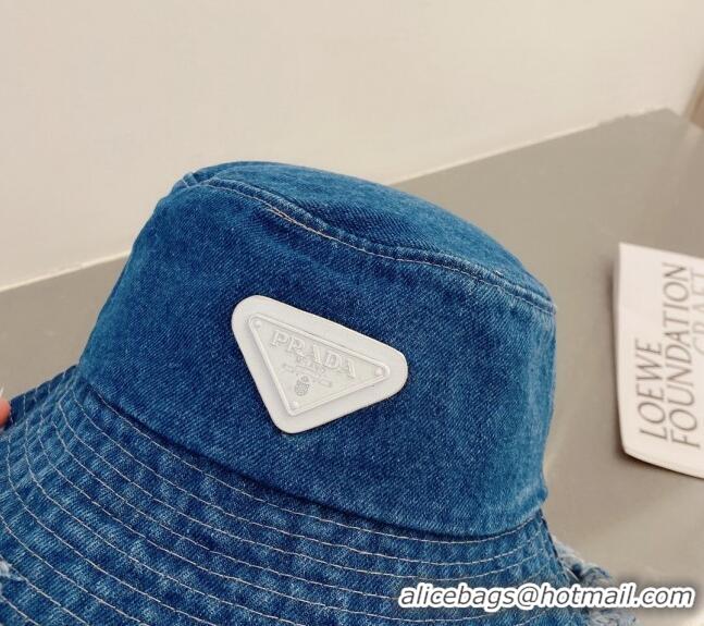 Inexpensive Prada Denim Bucket Hat with Fringe PA0805 Blue 2023