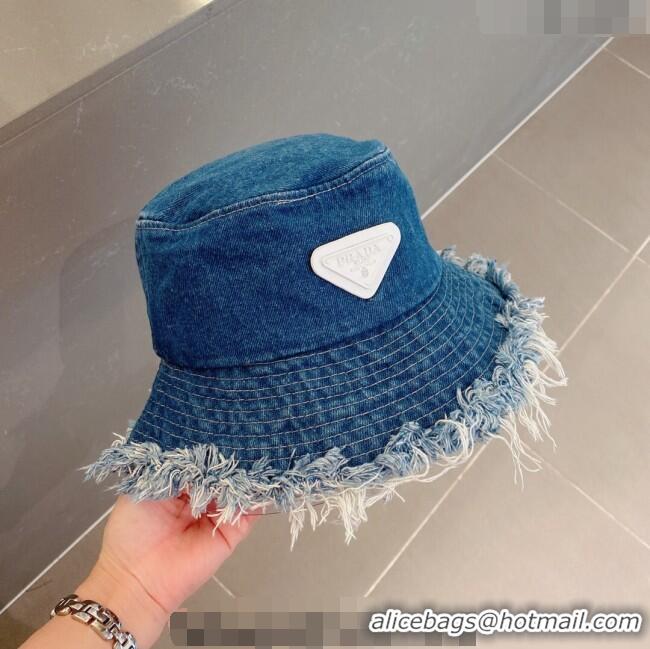 Inexpensive Prada Denim Bucket Hat with Fringe PA0805 Blue 2023