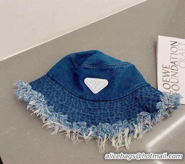 Inexpensive Prada Denim Bucket Hat with Fringe PA0805 Blue 2023