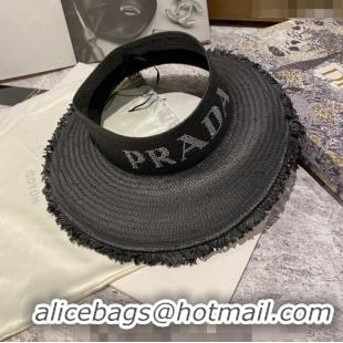 Popular Style Prada Visor Straw Hat with Crystal Logo P0307 Black 2023