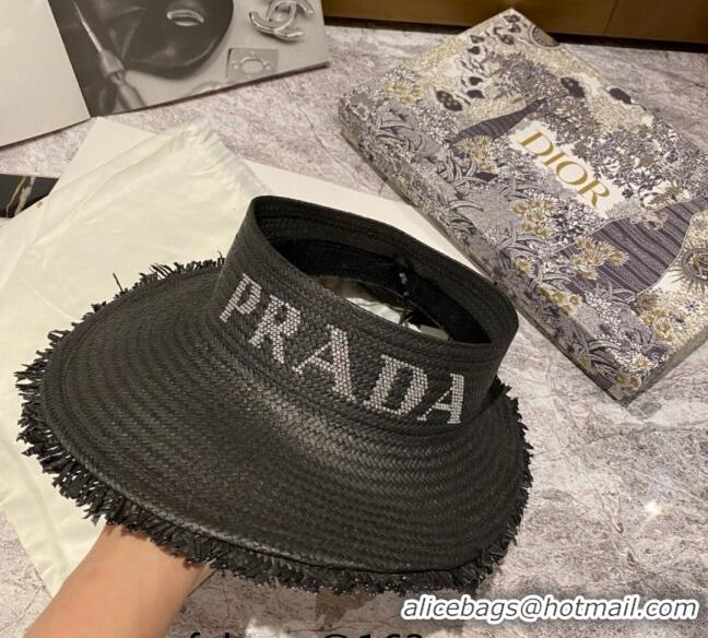 Popular Style Prada Visor Straw Hat with Crystal Logo P0307 Black 2023