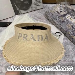 Reasonable Price Prada Visor Straw Hat with Crystal Logo P0307 Beige 2023