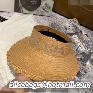 Low Cost Prada Visor Straw Hat with Crystal Logo P0307 Khaki 2023