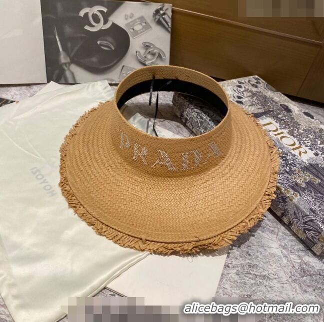 Low Cost Prada Visor Straw Hat with Crystal Logo P0307 Khaki 2023