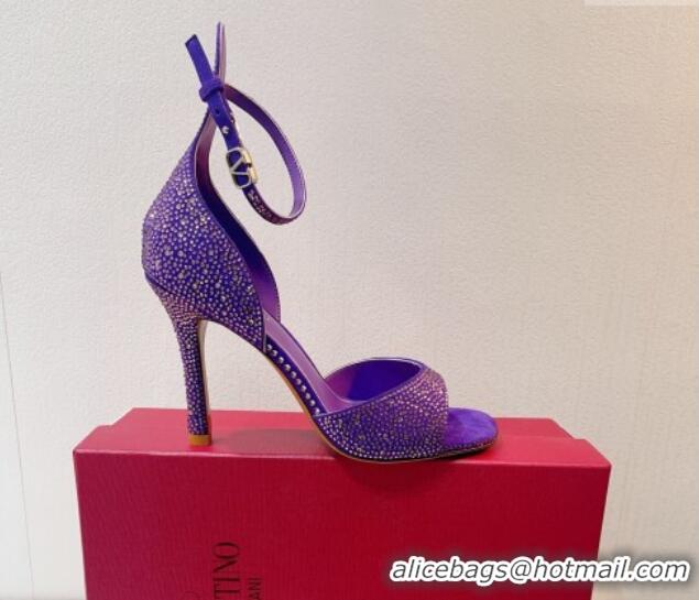 Perfect Valentino Tan-Go Heel Sandal 9.5cm with Crystal in Suede Purple 0323062