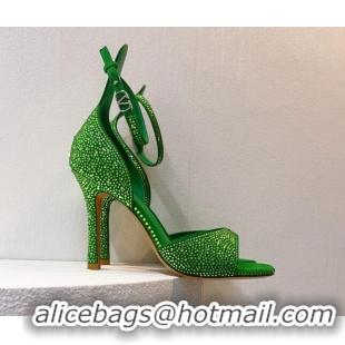 Luxurious Valentino Tan-Go Heel Sandal 9.5cm with Crystal in Suede Green 0323063