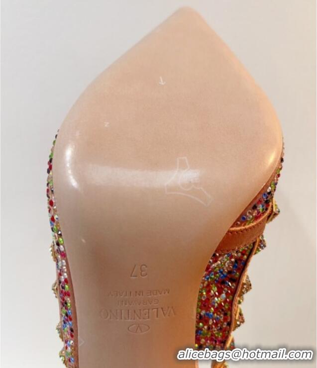 Popular Style Valentino Rockstu Ankle Strap Heel Pumps 9.5cm with Crystals Apricot/Multicolor 0323066