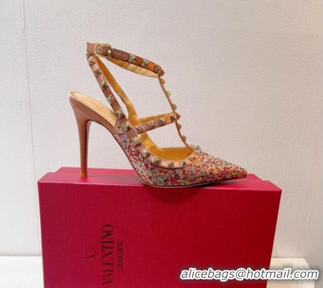 Popular Style Valentino Rockstu Ankle Strap Heel Pumps 9.5cm with Crystals Apricot/Multicolor 0323066