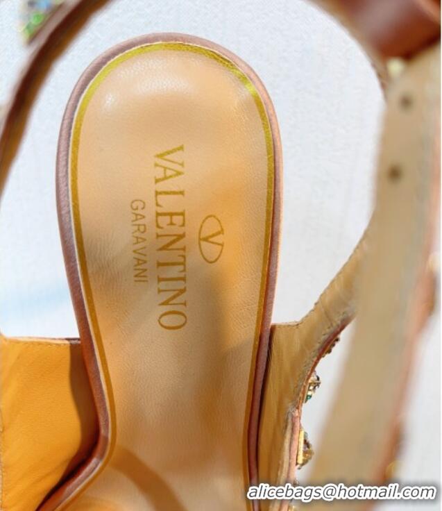 Popular Style Valentino Rockstu Ankle Strap Heel Pumps 9.5cm with Crystals Apricot/Multicolor 0323066