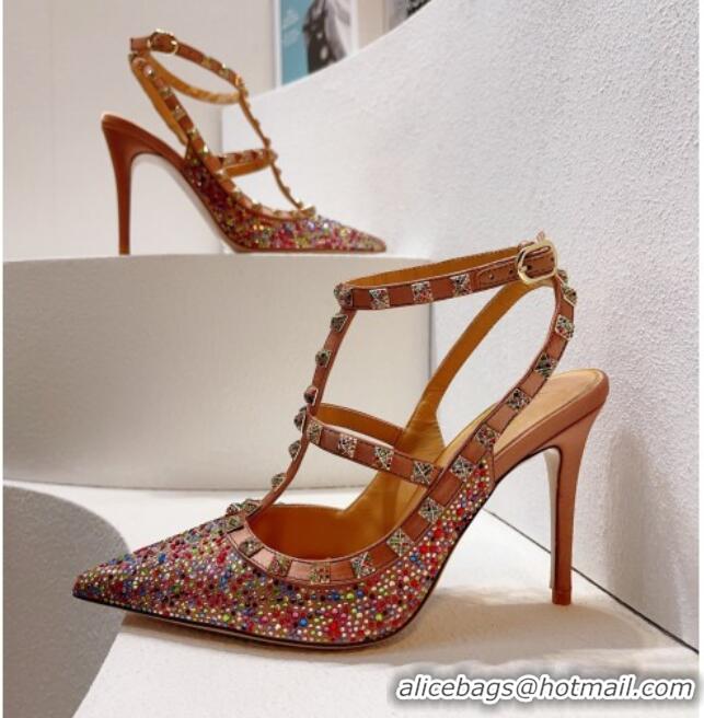 Popular Style Valentino Rockstu Ankle Strap Heel Pumps 9.5cm with Crystals Apricot/Multicolor 0323066