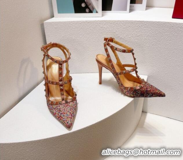 Popular Style Valentino Rockstu Ankle Strap Heel Pumps 9.5cm with Crystals Apricot/Multicolor 0323066