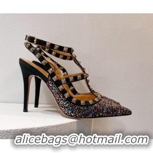 Good Product Valentino Rockstu Ankle Strap Heel Pumps 9.5cm with Crystals Black/Multicolor 0323067