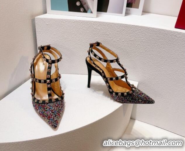 Good Product Valentino Rockstu Ankle Strap Heel Pumps 9.5cm with Crystals Black/Multicolor 0323067