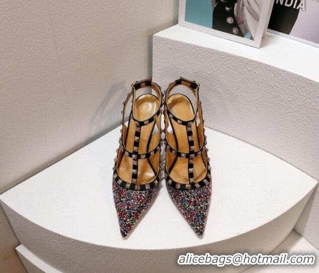 Good Product Valentino Rockstu Ankle Strap Heel Pumps 9.5cm with Crystals Black/Multicolor 0323067