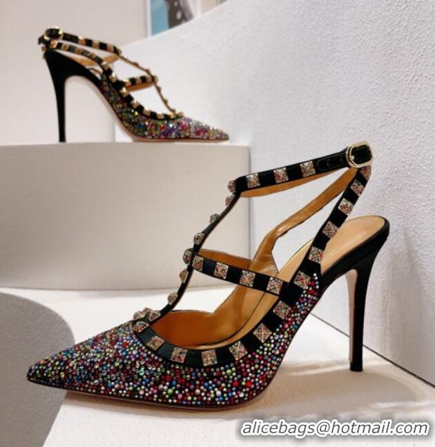 Good Product Valentino Rockstu Ankle Strap Heel Pumps 9.5cm with Crystals Black/Multicolor 0323067