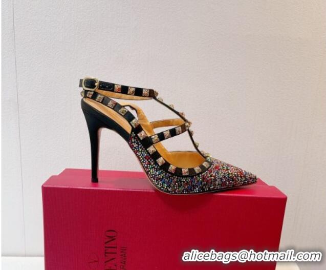 Good Product Valentino Rockstu Ankle Strap Heel Pumps 9.5cm with Crystals Black/Multicolor 0323067