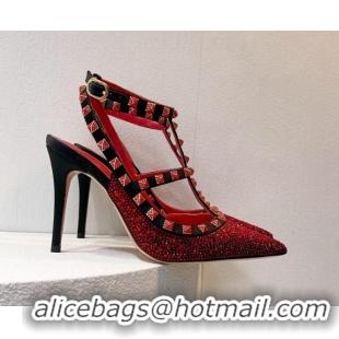 Trendy Design Valentino Rockstu Ankle Strap Heel Pumps 9.5cm with Crystals Red/Black 0323068