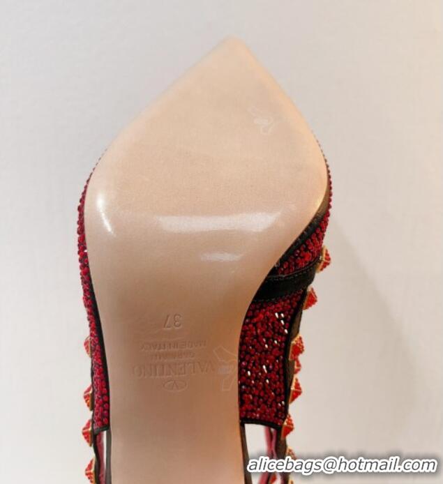 Trendy Design Valentino Rockstu Ankle Strap Heel Pumps 9.5cm with Crystals Red/Black 0323068