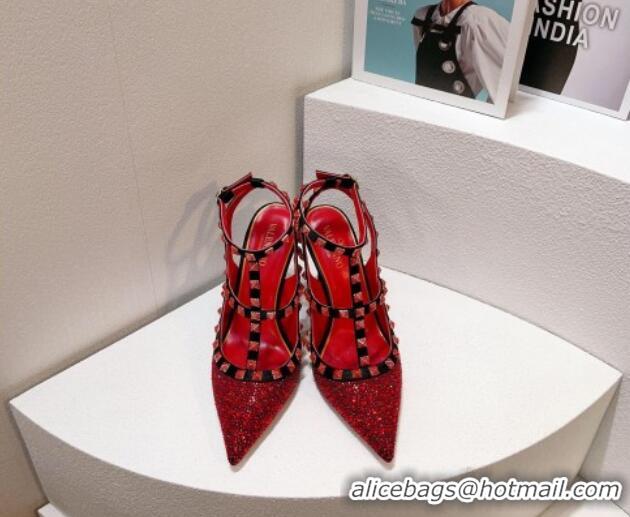 Trendy Design Valentino Rockstu Ankle Strap Heel Pumps 9.5cm with Crystals Red/Black 0323068