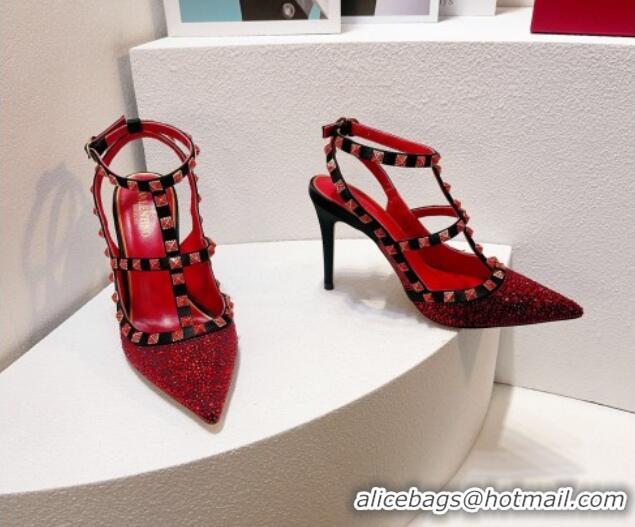 Trendy Design Valentino Rockstu Ankle Strap Heel Pumps 9.5cm with Crystals Red/Black 0323068