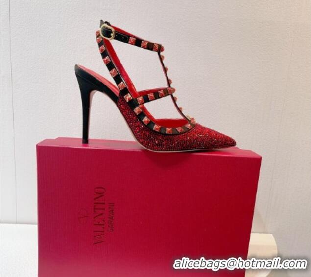 Trendy Design Valentino Rockstu Ankle Strap Heel Pumps 9.5cm with Crystals Red/Black 0323068