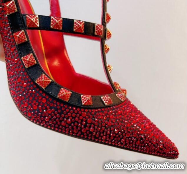 Trendy Design Valentino Rockstu Ankle Strap Heel Pumps 9.5cm with Crystals Red/Black 0323068