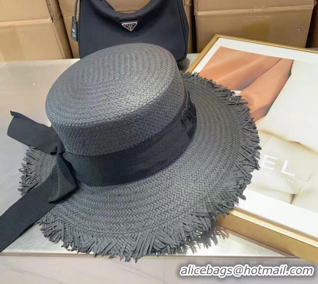 Shop Grade Celine Straw Hat with Fringe 030814 Black 2023