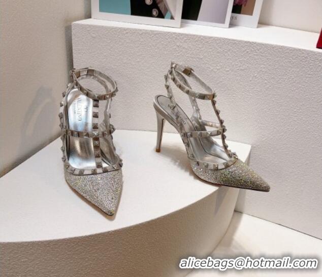 Good Quality Valentino Rockstu Ankle Strap Heel Pumps 9.5cm with Crystals Silver 0323069