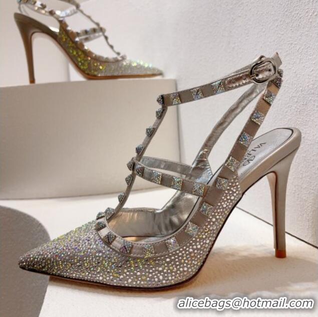 Good Quality Valentino Rockstu Ankle Strap Heel Pumps 9.5cm with Crystals Silver 0323069