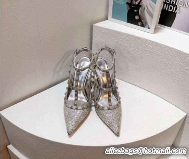 Good Quality Valentino Rockstu Ankle Strap Heel Pumps 9.5cm with Crystals Silver 0323069