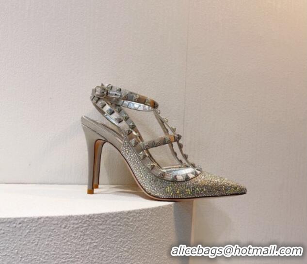 Good Quality Valentino Rockstu Ankle Strap Heel Pumps 9.5cm with Crystals Silver 0323069