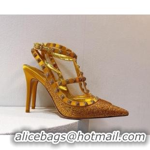 Purchase Valentino Rockstu Ankle Strap Heel Pumps 9.5cm with Crystals Yellow Gold 0323070