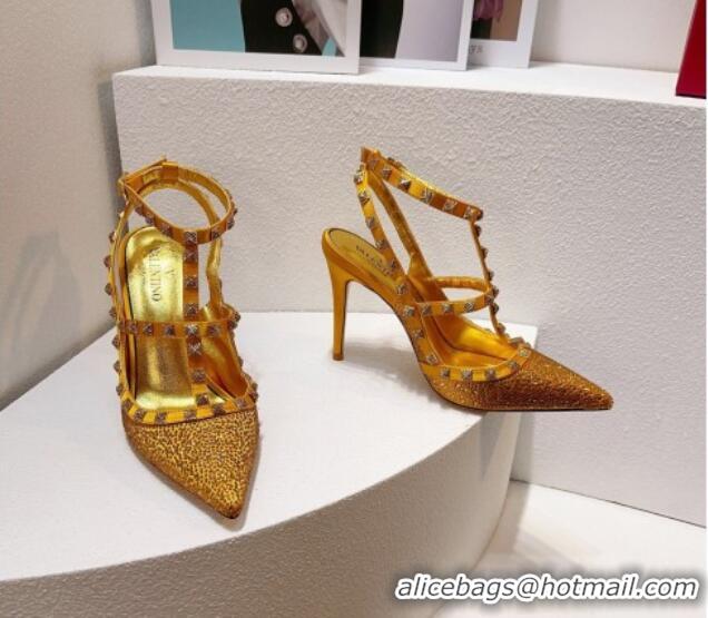 Purchase Valentino Rockstu Ankle Strap Heel Pumps 9.5cm with Crystals Yellow Gold 0323070