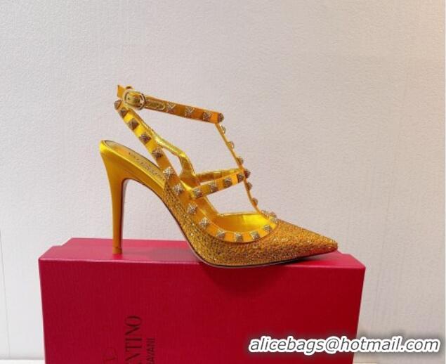 Purchase Valentino Rockstu Ankle Strap Heel Pumps 9.5cm with Crystals Yellow Gold 0323070