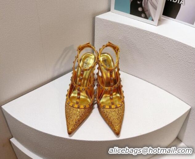 Purchase Valentino Rockstu Ankle Strap Heel Pumps 9.5cm with Crystals Yellow Gold 0323070