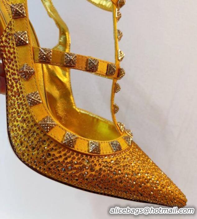 Purchase Valentino Rockstu Ankle Strap Heel Pumps 9.5cm with Crystals Yellow Gold 0323070