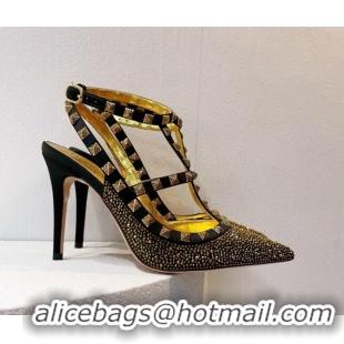 Top Design Valentino Rockstu Ankle Strap Heel Pumps 9.5cm with Crystals Black/Gold 0323071