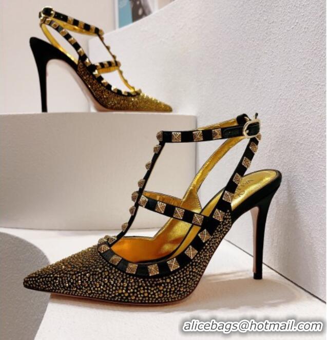 Top Design Valentino Rockstu Ankle Strap Heel Pumps 9.5cm with Crystals Black/Gold 0323071