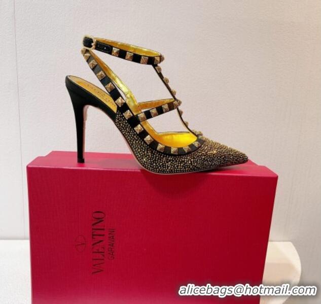 Top Design Valentino Rockstu Ankle Strap Heel Pumps 9.5cm with Crystals Black/Gold 0323071