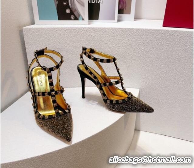 Top Design Valentino Rockstu Ankle Strap Heel Pumps 9.5cm with Crystals Black/Gold 0323071