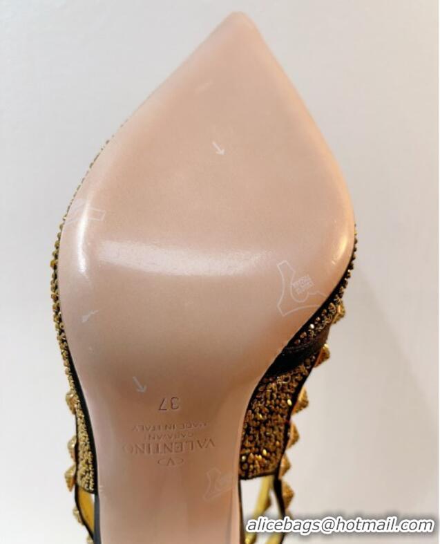 Top Design Valentino Rockstu Ankle Strap Heel Pumps 9.5cm with Crystals Black/Gold 0323071