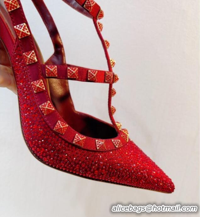 Charming Valentino Rockstu Ankle Strap Heel Pumps 9.5cm with Crystals Dark Red 0323072