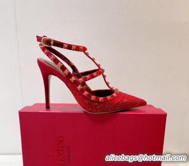 Charming Valentino Rockstu Ankle Strap Heel Pumps 9.5cm with Crystals Dark Red 0323072