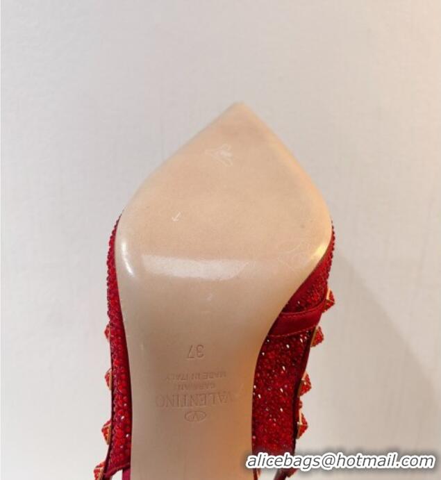 Charming Valentino Rockstu Ankle Strap Heel Pumps 9.5cm with Crystals Dark Red 0323072