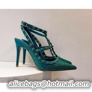 Shop Duplicate Valentino Rockstu Ankle Strap Heel Pumps 9.5cm with Crystals Peacock green 0323073